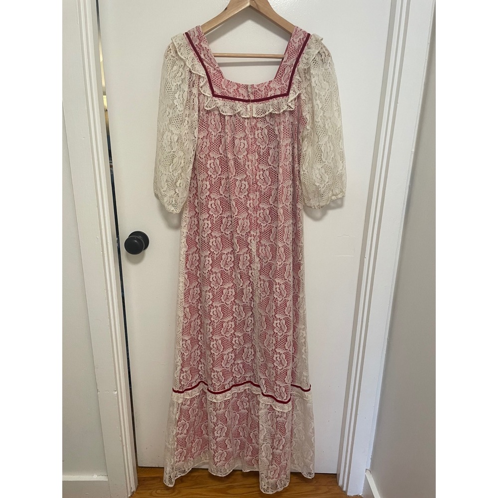 Andrade Honolulu Vintage‎ Lace Maxi Dress Pink Square Neck 3/4 Sleeve XS - Picture 2 of 5